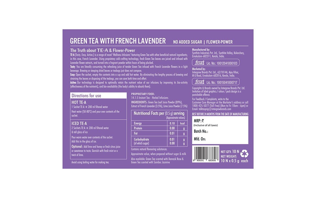 Sprig Green Tea Scented With French lavender   Pack  10 pcs